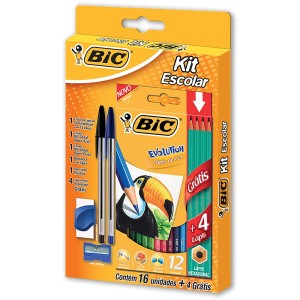 Lápis de Cor 12 Cores Bic + Kit Escolar Evolution